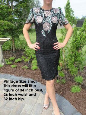 34" bust SCALA beaded silk dress, Made in India, Short sleeve, Keyhole back zip